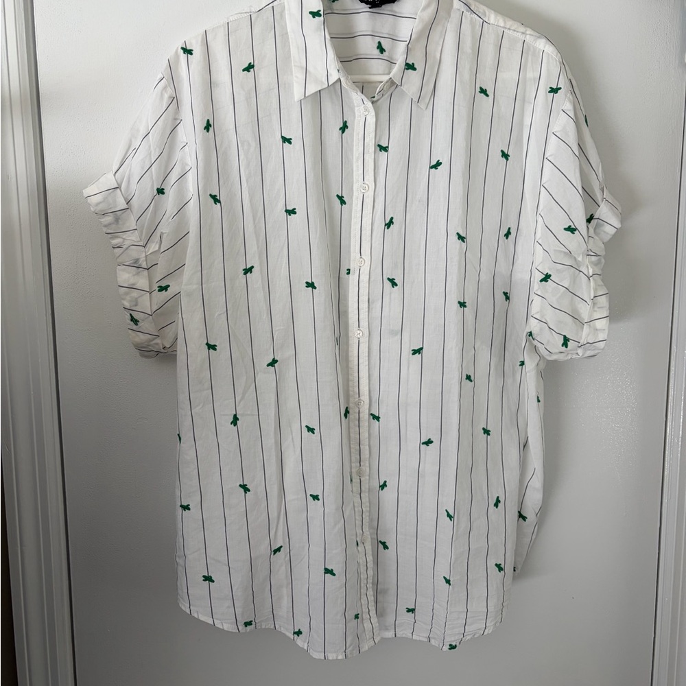 White and Green Striped Womens shirt with stitched cactus